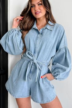 Modern Direction Denim Balloon Sleeve Romper (Denim) · NanaMacs Brown Romper Outfit, Brown Romper, Honeymoon Wear, Casual Bodysuit, Graphic Dress, Romper Outfit, Cute Comfy Outfits, Basic Dress, Short Mini Dress