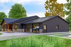 this is an artist's rendering of a modern cabin style home with stone accents