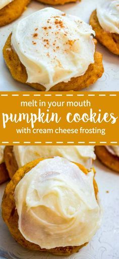 pumpkin cookies with cream cheese frosting on top