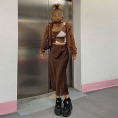 Harajuku Skirt, Skirts Y2k, Missguided Outfit, Skirt Y2k, Brown Skirt, Skirts Women, Y2k Aesthetic Outfits, Split Skirt, Long Skirts For Women