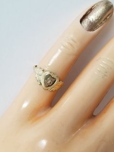 "Thanks for shopping our vintage estate store. We tend to sell well below wholesale and truly hope you enjoy all of our items. Many of the items are one of a kind, so please enjoy scrolling through the pictures and hopefully something will catch your eye. Brown spots are from camera or reflections. Estate 14k yellow gold monogram cursive capital B heart ring. Custom made ring for our shop. Ring size: 3 Setting: 7.5mm 1/4\" to 3/8\" Band width: 1.4mm Weight: .98 gram Marked 14k and it's sweet. On Victorian 14k Gold Jewelry With Hallmark, Victorian Jewelry In 14k Gold With Hallmark, Collectible 14k Gold Heart-shaped Jewelry, Gold Heart-shaped Signet Ring Stamped 14k, Vintage Rings With Hallmark As Gift, Vintage Engraved Rings For Valentine's Day, Vintage Rings For Gifts, Engraved Yellow Gold Heart Heirloom Ring, Vintage Sterling Silver Rings Stamped 14k