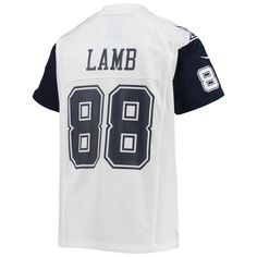 When CeeDee Lamb is on the field, opposing teams take notice, so help your youngster showcase their admiration of one of the top players in the NFL with this exclusive Dallas Cowboys Game jersey from Nike. Complete with mesh panels for extra breathability, this jersey replicates the authentic one that CeeDee Lamb wears every Sunday, giving your young fan the perfect piece of gear for every Dallas Cowboys game this season.When CeeDee Lamb is on the field, opposing teams take notice, so help your White Varsity Jersey For Football Season, White College Jersey For Football Season, Collegiate White Top For Football Season, White Collegiate Top For Football Season, Throwback Tops For Team Events During Sports Season, White Baseball Jersey For Game Day, White Jersey For Game Day, Fan Apparel, White Jersey For Game Day Fan Apparel, White Sports Fan Jersey