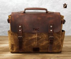 "Personalized Waxed Canvas Briefcase, Canvas Messenger Bag, Full Grain Leather bag, Laptop Bag, Crossbody Bag, Best Gift, It's a best companion for work, school or travelling... Features: * Bag Size : L 14.2 x H 10.6 x D 5 inches, Comes with a shoulder strap, Fit for 14\" laptop; * Made with high quality waxed canvas & full grain leather; * Waterproof, retro style, simple, thick and durable; * It's a great gift for friends, colleagues or family! * Color:  Khaki / Grey / Army green Personalizatio Brown School Bags With Luggage Sleeve, Brown Satchel Canvas Bag For School, Rectangular Waxed Canvas Briefcase, Brown Rectangular Canvas School Bag, Brown Large Capacity Canvas Bag For Gift, Brown Large Capacity Canvas Bag As Gift, Business Waxed Canvas Rectangular Shoulder Bag, Business Waxed Canvas Rectangular Bag, Waxed Canvas Business Shoulder Bag