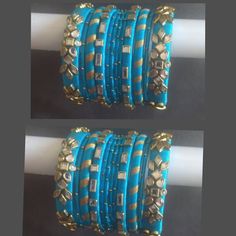 Hey lovely people... Thanks for visiting my shop. Here I have beautiful  bangles wrapped in blue coloured art silk thread. Glass rhinestone/kundan embellishments to give that gorgeous look. You will receive 24 bangles on your purchase.  A must have combo in your wardrobe. Kindly note that the actual colours and sizes of embellishments may vary slightly due to computer screen resolution and I truly hope that you do like my handmade products just as much as I love making them. Please note that the Traditional Bangle With Zari Work For Parties, Bollywood Style Party Bracelets With Gota Work, Traditional Party Bangle With Zari Work, Bollywood Style Party Bracelet With Gota Work, Traditional Blue Bracelets For Festivals, Blue Festive Bracelets For Festivals, Multicolor Bangle With Dori Work For Gift, Bollywood Style Bracelets With Zari Work For Parties, Multicolor Bangle Bracelets With Dori Work