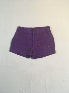 "1960s purple denim jean shorts label- h.i.s. for her, 'don't envy h.i.s... wear them' cotton feel burnished metal rivet studs detail TALON metal zipper snap top 2 front pockets5 belt loops back waist darts good vintage condition, small pocket seam repair, light wear, as photos show no size tag see below measures, lying flat, waist-14\" rise-10\" inseam-2 1/4\" hem-10\" outseam-11" Trendy Fitted Jean Shorts With Pockets, Y2k Fitted Jean Shorts With Pockets, Trendy Fitted High Waist Jean Shorts, Trendy Fitted High-waist Jean Shorts, Fitted Mid-rise Cotton Shorts, Y2k Fitted Bottoms With Belt Loops, Y2k High Rise Fitted Shorts, Fitted High Waist Purple Shorts, Fitted Mid-rise Cotton Jean Shorts