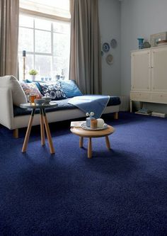 a living room with blue carpet and furniture