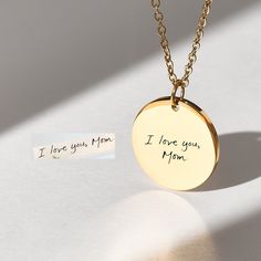 Whether you have handwriting, the signature of a loved one, your children's handwriting, we can put it on this personalized handwriting necklace for you! These unique jewelry are a fabulous gift to give to your mother. Personalize this necklace with your own meaningful message or other details.  If you've been looking for a beautiful and one-of-a-kind gift, then our personalized necklace is perfect for you. And if you're searching for a special Christmas, Birthday, or Anniversary present - then Custom Handwriting Gifts, Handwritten Necklace, Handwriting Necklace Custom, Handwriting Gifts, Handwritten Text, Engraved Handwriting, Handwriting Necklace, Gold Disc Necklace, Handwriting Jewelry