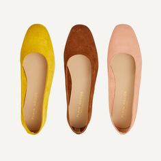 Brown Suede Almond Toe Flats, Brown Suede Flats With Pointed Toe, Chic Brown Suede Flats, Chic Suede Ballet Flats With Round Toe, Brown Suede Flats Medium Width, Suede Slip-on Flats With Textured Sole, Brown Suede Flat Heel Heels, Suede Flats With Rubber Sole, Suede Flats With Cushioned Footbed