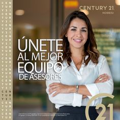 a woman standing with her arms crossed in front of an advertisement for the 21st century