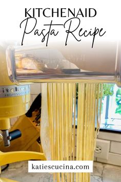 KitchenAid Pasta Recipe pasta dough going through machine with Pinterest text. Almond Flour Noodles Homemade, Kitchenaid Noodle Recipe, Fresh Linguine Pasta Recipe, Fresh Pasta Recipes Kitchenaid, Kitchenaid Noodles, Pizza Dough Recipe Stand Mixer, Healthy Kitchenaid Mixer Recipes, Kitchenaid Aesthetic, Homemade Pasta With Kitchenaid