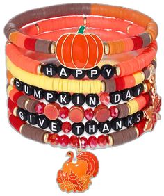 Fall Inspired Clay Bead Bracelets, Fall Themed Bracelets, Thanksgiving Clay Bead Bracelets, Thanksgiving Bracelet Ideas, Fall Bracelet Ideas, Bracelets Fall, Fall Bracelets, Bracelets Heishi, Pumpkin Day