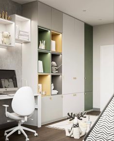 a white desk and chair in a small room with bookshelves on the wall