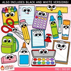 the back and white version of this clip art set includes school supplies, pencils, markers