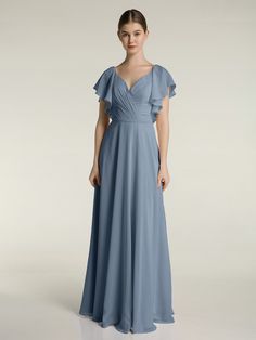 Dusty Blue Bridesmaid Dresses & Bridesmaid Gowns | BABARONI Blue Gown With Sleeves, Dusty Blue Gown, Dusty Blue Bridesmaid, Pigeon Blue, Sleeveless Chiffon Dress, Lace Prom Dresses, Dusty Blue Bridesmaid Dresses, Bridesmaid Gowns, Blue Gown