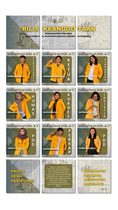 a series of photos showing different people in yellow jackets and black pants, with the words rils kengo tan on them