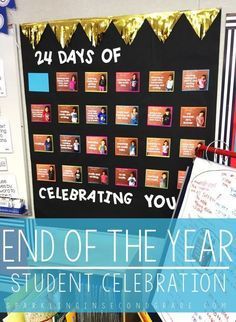 the end of the year student celebration is decorated with pictures and writing on blackboard