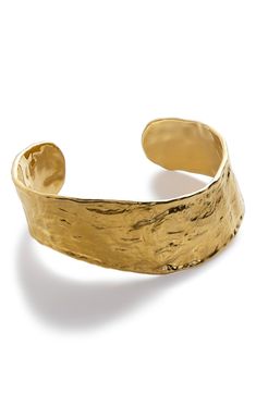 Satin shine and a hammered finish give a seaworn look to this 18-karat-gold-vermeil cuff bracelet. Exclusive US retailer Sterling silver/recycled 18k-gold plate Imported Luxury Gold Hammered Bangle, Luxury Hammered Bangle Bracelet, Luxury Hammered Bangle, Gold Polished Open Cuff Bracelet, Modern Gold Hammered Cuff Bracelet, Modern Hammered Gold Cuff Bracelet, Luxury Gold Hammered Cuff Bracelet, Luxury Hammered Yellow Gold Cuff Bracelet, Luxury Hammered Bangle For Formal Occasions