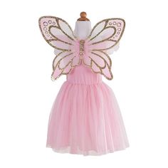 a pink dress with gold sequins and a butterfly wings on the back,