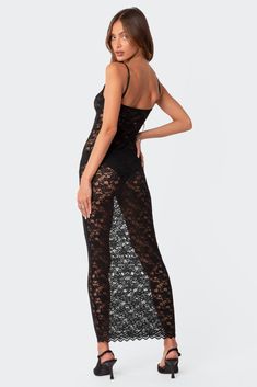 PRODUCT INFO Maxi dress Scalloped neckline Sheer lace fabric Polyester, Spandex Model wears size S Model height is 5'9 Item care: Wash with similar color Scalloped Neckline, Swimwear Dress, Lace Maxi, Lace Maxi Dress, Sheer Lace, Black Maxi Dress, Lace Fabric, Model Height, S Models