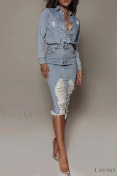 Lasaky - Premium Indigo Solid Distressed High-Rise Skinny Denim Skirt in Classic Blue Denim Skirts, Jean Skirt, Classic Blue, Denim Skirt, Style Casual, High Waist, High Rise, Shirt Dress, Lingerie