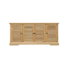 a wooden cabinet with shutters on the front and bottom, against a white background