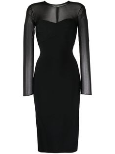 black stretch-design sheer panelling crew neck concealed rear zip fastening long sleeves knee-length Formal Knee-length Midi Dress With Sheer Sleeves, Fitted Midi Dress With Illusion Neckline, Evening Midi Dress With Sheer Bodice, Sheer Knee-length Midi Dress For Formal Occasions, Midi Dress With Sheer Bodice For Night Out, Knee-length Cocktail Midi Dress With Sheer Sleeves, Night Out Midi Dress With Sheer Bodice, Cocktail Midi Dress With Mesh Sleeves, Evening Bodycon Dress With Sheer Sleeves, Midi Length