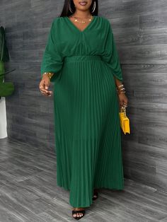 Plus Size V-Neck Summer Casual/Vacation Pleated Romantic Green Slimming Waist Dress - M Dark Green Casual  Half Sleeve Woven Fabric Plain A Line Non-Stretch  Women Plus Clothing, size features are:Bust: ,Length: ,Sleeve Length: Green Church Dress, Dresses For Plus Size Women, Plus Size Long Dresses, Shirt Dress Summer, Women's Outfit Sets, Professional Dresses, Plus Size Maxi Dresses, Party Dresses For Women, Waist Dress