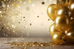 gold balloons and confetti on a wooden table in front of an abstract background