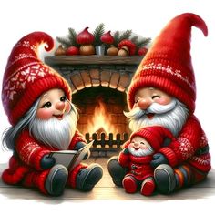 two gnomes sitting next to each other in front of a fireplace