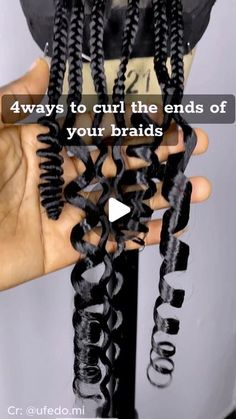 Vicky on Instagram: "4 ways to curl the end of the braids 🔥🔥🔥  #braids #braider #gypsybraids #bohobraids #bohobraid #curlybraids #bulkhairextensions #stitchbraids #braidsgang #stylist #bohostyle #curlyhairstyles #humanhairbraids #bohemianbraids #mermaidbraids #goddessbraids #boxbraids #knotlessbraids #microbraids #ygwigs" Types Of Curls On Braids, Quick Braiding Hairstyles For Black Women Easy, Curly Braid Ends, Box Braids Hairstyles For Black Women With Beads, Curls On Braids Ends, Medium Knotless Braids With Curls At End, Different Types Of Curls For Braids, Finishing Braid Ends, Curly Braiding Hair Extensions