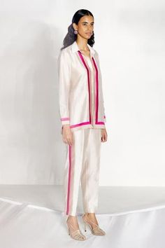 Shop for Twinkle Hanspal White Chanderi Panelled Shirt And Pant Set for Women Online at Aza Fashions Color Block Shirts, Shirt Pant Set, New Address, Pernia Pop Up Shop, Co Ord Set, Full Sleeves, Colour Block, Pant Set, Shirt And Pants