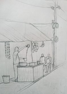 a drawing of a man standing in front of a counter with food hanging from it