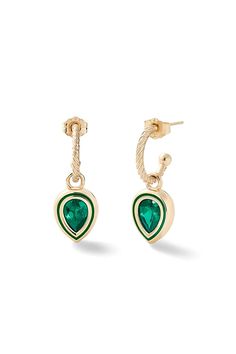 These interchangeable hoops allow you to have multiple earrings in one. The Madison Hoops with Pear Bezel Charm feature a twisted solid gold hoop earring with a removable enamel and bezel set stone charm. Simply slide the charms on and off for a different look. The ruby, emerald & sapphires are lab-created stones. Gold Hoop Earring, Multiple Earrings, Emerald Blue, Ruby Emerald, The Madison, Yellow Citrine, Gold Hoop, White Topaz, Gold Hoop Earrings