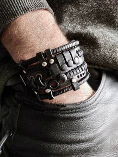 Black Steampunk Leather Bracelet, Men's Wrap Rock Leather Bracelet, Studded Adjustable Rock and Roll Leather Bracelet, Black Gothic Jewelry - Etsy Punk Leather Jewelry With Black Band, Punk Style Leather Jewelry With Black Band, Adjustable Leather Punk Cuff Bracelet, Adjustable Leather Punk Wristband, Black Rock Style Bracelet For Gift, Black Rock Style Wristband As Gift, Punk Leather Wristband For Festivals, Punk Leather Wristband Gift, Punk Leather Wristband