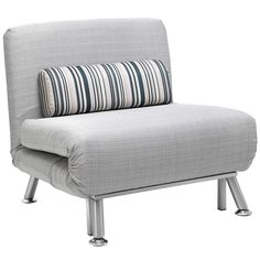 a gray chair with a striped pillow on it's armrests and metal legs