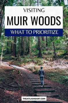 a woman walking up stairs in the woods with text overlay saying visiting mur woods what to prioritize