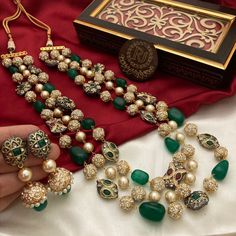 Most eligible gift for someone you love. Inspired by the Nizam of Hyderabad this set has Fine quality Emerald Green, ruby red onyx and Kundan semiprecious beads long necklace with earrings Necklace Length: 19 inches Highest quality and craftsmanship You can ask questions on Email ID: vijaygarg579vg@gmail.com Indian Long Necklace, Bridal Jewellery Online, Indian Choker, Indian Choker Necklace, Neck Pieces Jewelry, Sabyasachi Jewellery, Kundan Set, Indian Jewelry Sets, Long Beaded Necklace