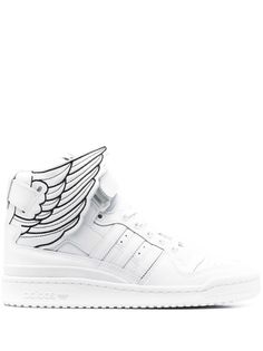 wing-design high-top sneakers from adidas featuring white, leather, wings print, perforated design, logo-print tongue, front lace-up fastening, front touch-strap fastening and flat rubber sole. | adidas Wing-Design High-Top Sneakers White High-top Sneakers With Embossed Logo For Streetwear, White High-top Sneakers With Embossed Logo, White Mid-top Sneakers With Embossed Logo, White Lace-up Adidas Logo Sneakers, Adidas High-top Sneakers With Embossed Logo, Adidas Logo High-top Lace-up Sneakers, Adidas High-top Sneakers With Perforations, White High-top Sneakers With Logo For Streetwear, Adidas White High-top Sneakers With Logo