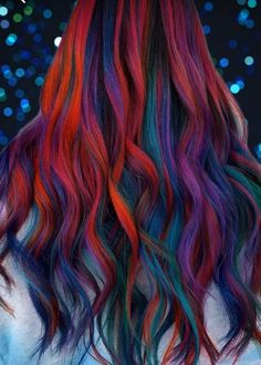 Multi Colored Balayage, Desert Sunset Balayage Hair, Copper Rainbow Hair, Red Hair With Rainbow Highlights, Red Rainbow Hair, Fantasy Hair Colors, Multicolor Hair Ideas, Vivid Hair Color Ideas For Brunettes, Dark Rainbow Hair