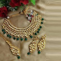 Gold Rodium Polish Green color Necklace in Metal Alloy studded with Kundan Beautiful Bridal Jewelry, Diamond Jewelry Set, American Diamond Jewellery, Graduation Gifts For Him, Wedding Jewelry Set, Pearl Necklace Set, Mothers Day Gifts From Daughter, Bollywood Jewelry, Metal Necklace