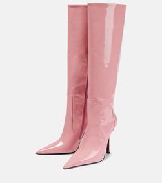 Patent Leather Knee High Boots in Pink - Blumarine | Mytheresa Trendy Patent Leather Knee-high Boots With Pointed Toe, Luxury Patent Leather Knee-high Boots With Pointed Toe, Fitted Patent Leather Knee-high Boots With Pointed Toe, Elegant Pink Fitted Heeled Boots, Formal Pink Pointed Toe Heeled Boots, Chic Pink Knee-high Boots, Pink Pointed Toe Heeled Boots For Formal Occasions, Pink Leather Fitted Knee-high Boots, Fitted Pink Leather Knee-high Boots