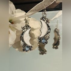 Moon Face Drop Earrings-New-Never Worn. 1.77 Inches Elegant White Crescent Earrings, Elegant White Moon Charm Earrings, Elegant White Earrings With Moon Charm, White Metal Moon-shaped Jewelry, Elegant White Moon Phase Earrings, White Moon-shaped Earrings As Gift, White Moon-shaped Earrings For Gifts, Moon-shaped White Earrings For Gift, White Metal Moon Phase Jewelry