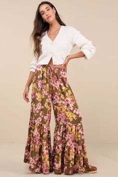 Weekends are for slow evenings and flawless looks like the Lulus Sweeter Sunsets Olive Green Floral Satin Tiered Wide-Leg Pants! Sleek woven satin, with a pink, ivory, and yellow-hued floral print throughout, shapes these breezy pants with a high-rise fit and an elasticized waistband with decorative drawstring ties. The wide pant legs boast a tiered silhouette before ending at full-length hems. Fit: This garment fits true to size. Length: Floor length. Size medium Inseam: 31.00 Front Rise: 13.50 Tiered Pants, Pink Ivory, Pants Large, Wide Pants, Bottom Clothes, Bottoms Pants, Leg Pants, Casual Pants, Wide Leg Pants