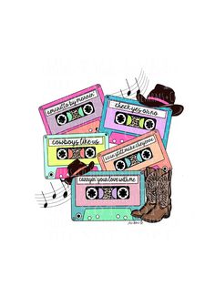 a pile of old school cassettes with cowboy hats