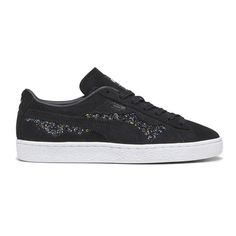 This Suede sneaker is bringing a bit of sparkle back into streetwear. The Puma x Swarovski collaboration celebrates uniqueness and perfect imperfections, with recycled fabrics and upcycled Swarovski crystals. Classic sporty silhouettes like the Suede stand out with bold, glittery details for a look that blends breathtaking elegance with everyday style. $99.95 Shoe Image, Glitter Sneakers, Suede Fashion, Puma Suede, Casual Sneakers Women, Puma X, Lace Up Sneakers, Casual Black, Suede Sneakers