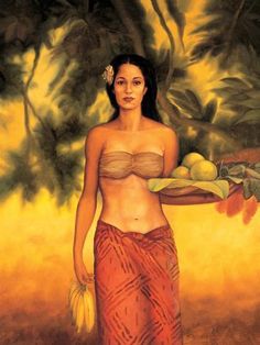 a painting of a woman with fruit in her hand and an orange tree behind her