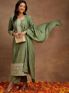 * Ethnic Motifs Embroidered Regular Sequinned Pure Silk Kurta With Trousers & Dupatta Silk Kurta Set / Pakistani Salwar Kameez / Indian Wedding Dress / Plus Size Cotton Dress / Traditional Indian Wear / Salwar Kameez Dupatta / Kurti Palazzo Set    * Green embroidered kurta with trousers with dupatta * Kurta design:,- * Ethnic motifs embroidered * Straight shape * Regular style * Round neck * Long, regular sleeves * Sequinned detail * Calf length length with straight hem * Pure silk fabric * Trou Art Silk Straight Kurta With Intricate Embroidery, Intricate Embroidery Art Silk Straight Kurta Dress, Semi-stitched Art Silk Dresses For Traditional Ceremonies, Bollywood Pista Green Salwar Kameez With Intricate Embroidery, Long Sleeve Embroidered Art Silk Dresses, Embroidered Semi-stitched Slub Silk Salwar Kameez, Pista Green Traditional Wear Straight Kurta With Intricate Embroidery, Pista Green Salwar Kameez With Zari Work, Pista Green Salwar Kameez With Zari Work In Jamawar