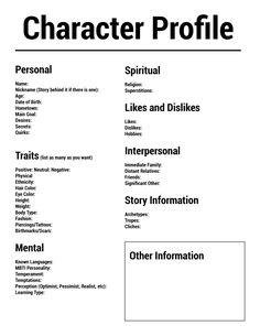 a black and white resume with the words character profile