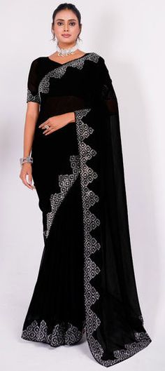 Black and Grey color Saree in Art Silk fabric with Embroidered, Thread work Black Embroidered Saree Fabric, Elegant Black Embroidered Saree Fabric, Black Blouse Piece With Traditional Drape And Motifs, Black Blouse Piece With Embroidered Border, Black Blouse Piece With Intricate Embroidery, Black Embroidered Traditional Drape Blouse, Elegant Black Saree With Motifs, Traditional Drape Embroidered Black Blouse Piece, Black Blouse With Intricate Embroidery