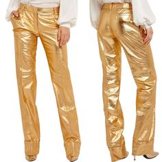 New with tags authentic RON VAN DER KEMP⚡️RVDK Leather metallic gold pants, size 34IT - US size XXS. Original price $2,625. Limited Edition number 18 of 20! Lambskin leather with a metallic gold coating. Mid rise, straight leg with overly rolled cuffs. Well kept in a smoke - free, pet - free environment. Will ship Priority Mail and fully insured. LISTING DISCLAIMER: This is not a clothing rental business. Due to a high number of return/refund requests from eBay members who want to try out, or we Gold Leather Pants, Clothing Rental, Rental Business, Gold Pants, Gold Leather, Lambskin Leather, Metallic Gold, Welt Pocket, Priority Mail